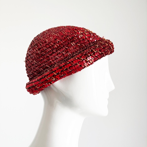 Vintage 1970s Halston Sequin Skull Cap Beanie – Red Disco Era Studio 54 Glam - Picture 6 of 12
